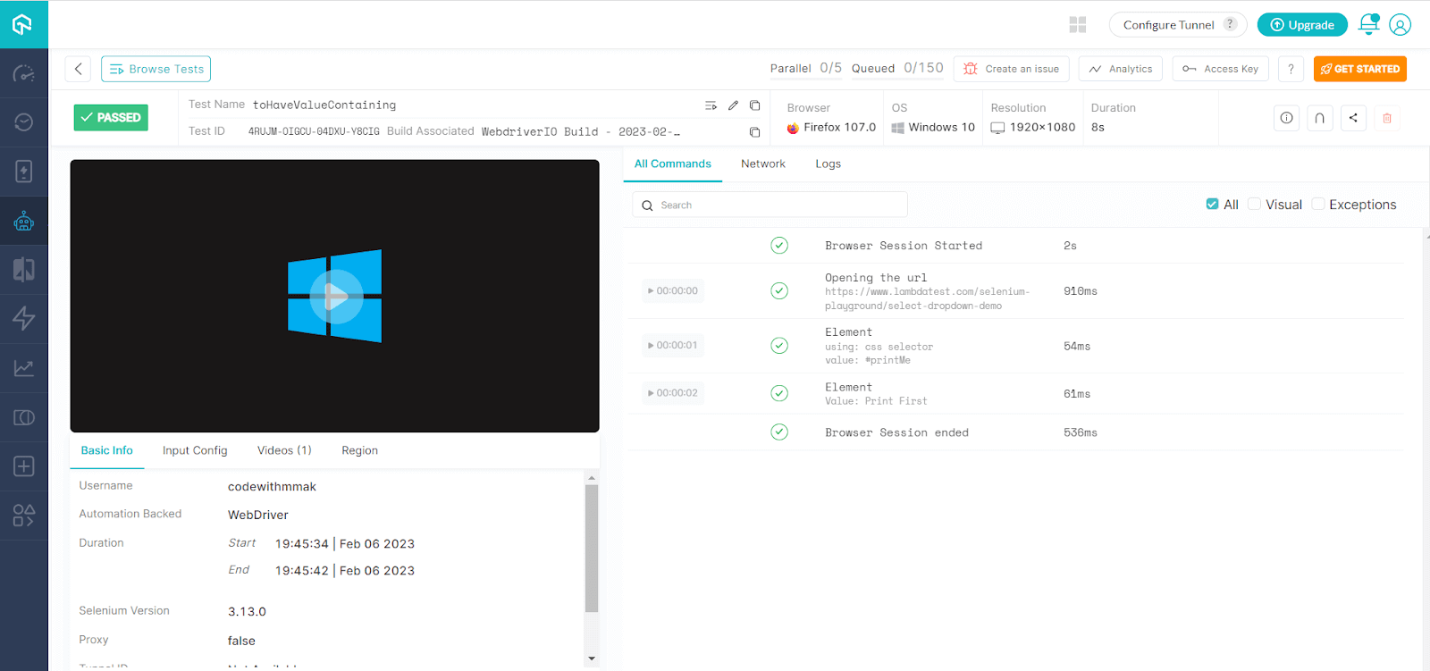 Expanded view of test result