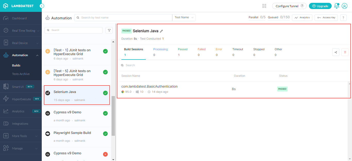 LambdaTest Automation Testing Dashboard