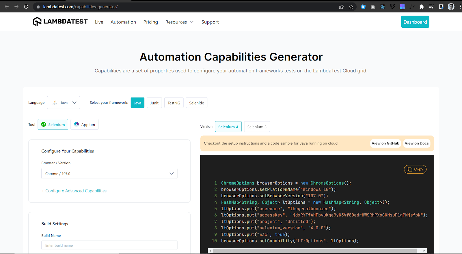 lambdatest capabilities generator unit testing