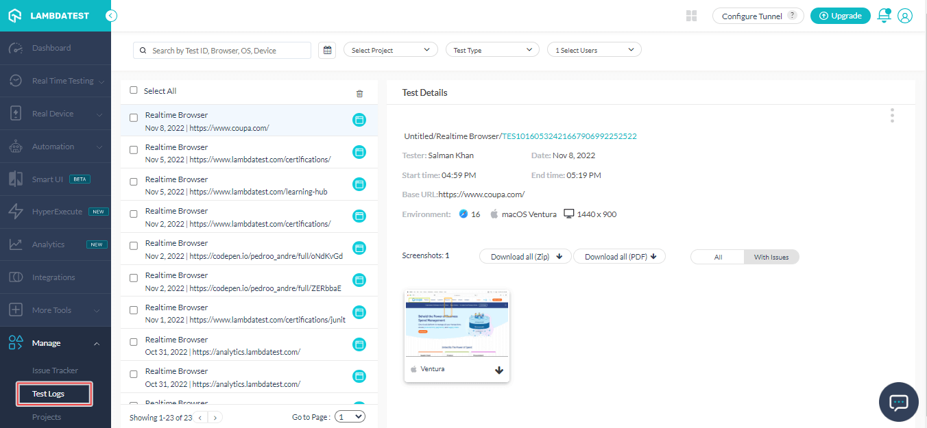 Lambdatest Dashboard