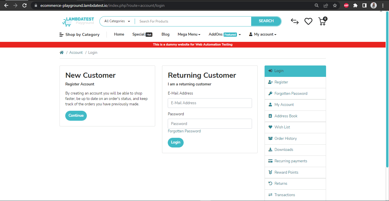  LambdaTest E-Commerce Playground Website where registration and login functionality