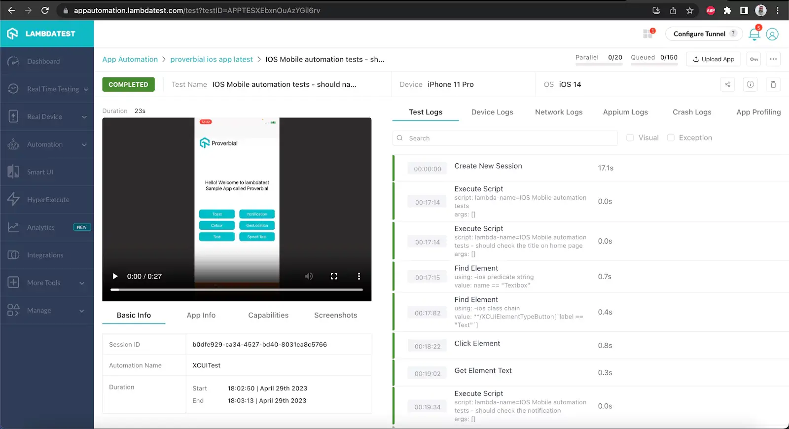 Appium logs, device, and operating system details, etc