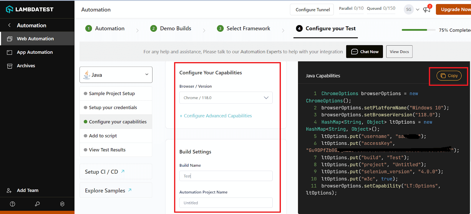  configuration details on LambdaTest Capabilities Generator