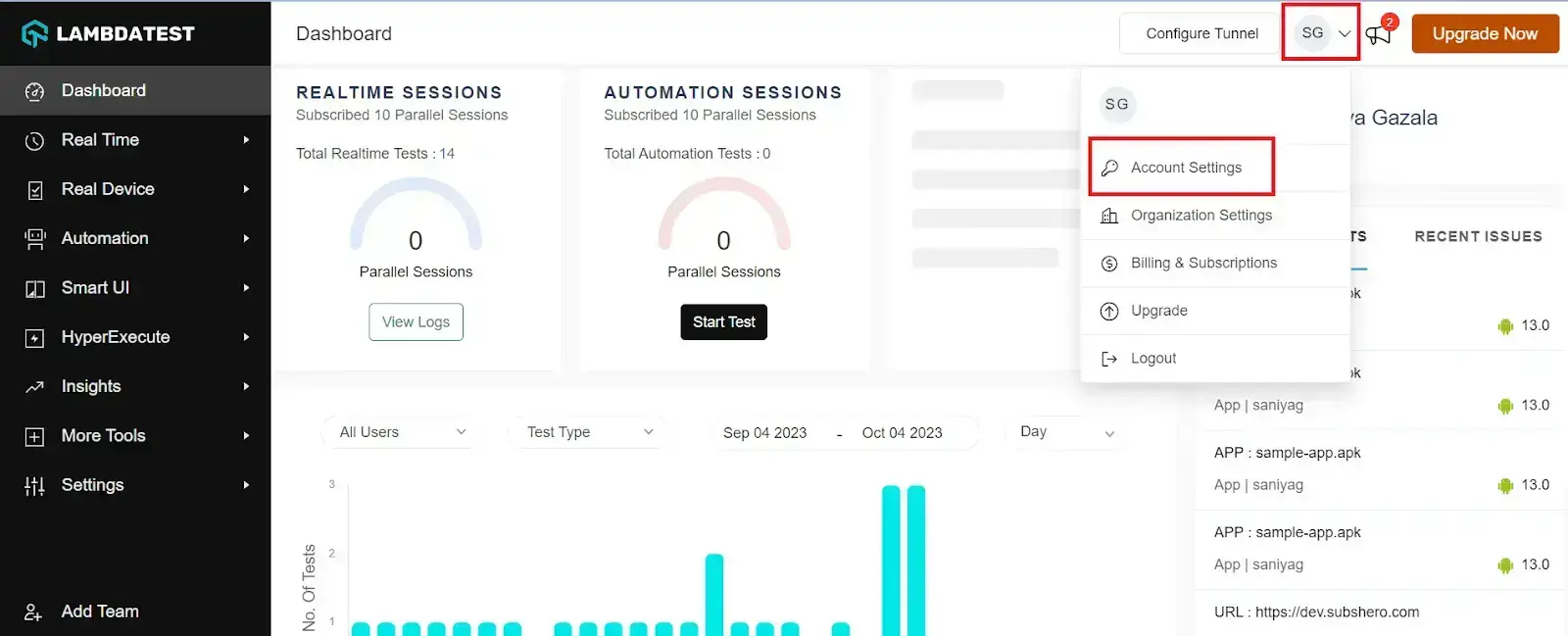 Get your Username and Access Key by going to your Profile avatar from the LambdaTest dashboard