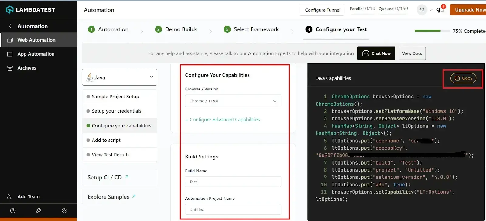 configuration details on LambdaTest Capabilities Generator