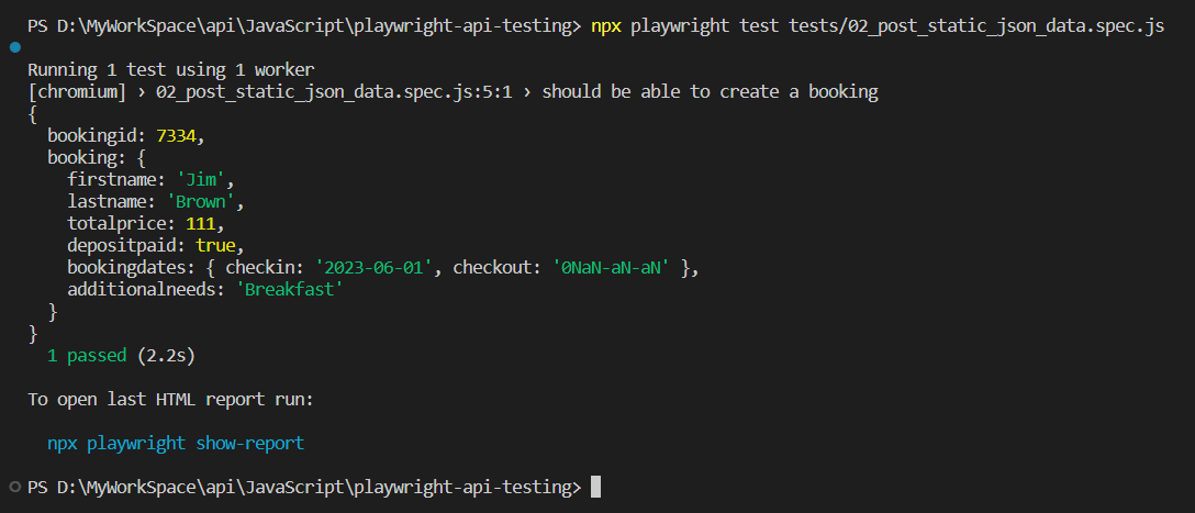 Playwright API Testing npx playwright test tests/02_post_static_json_data.spec.js