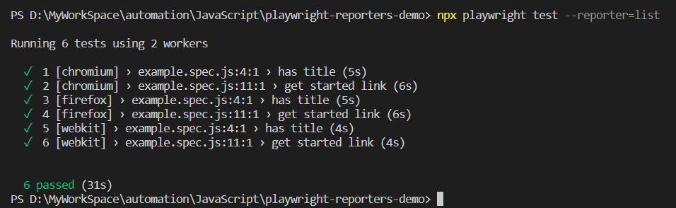 Playwright Reporting npx playwright test --reporter=list