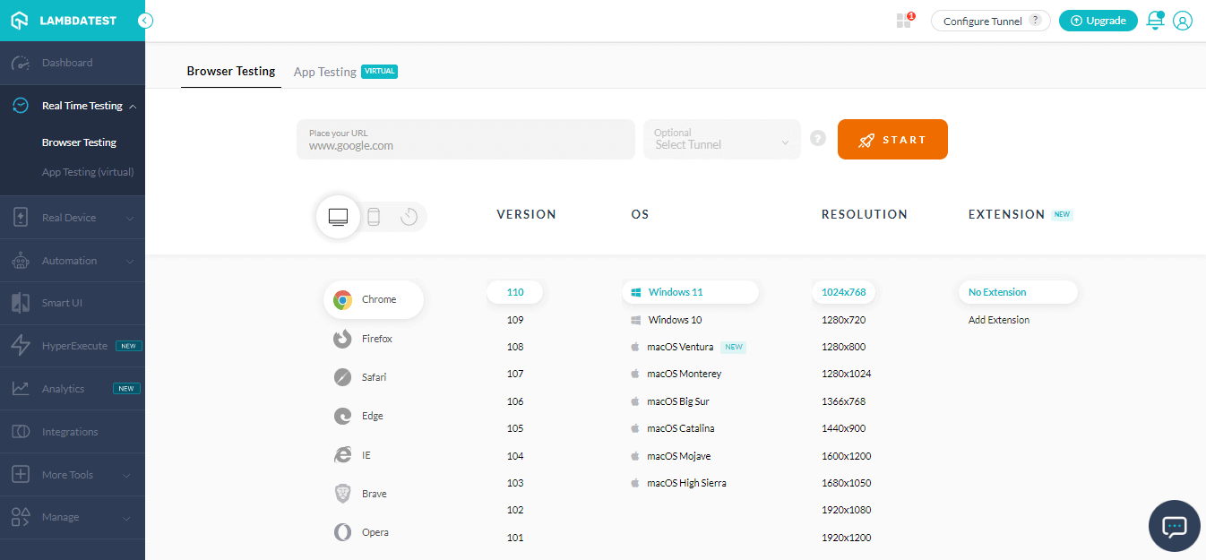 Real Time Browser Testing console