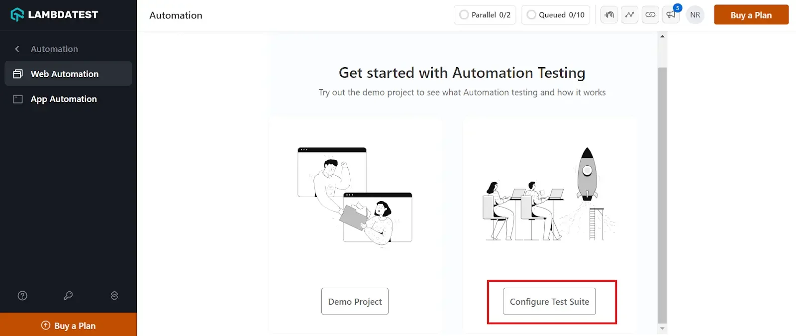 Screenshot of selecting a framework from the list of automation testing frameworks in the Configure Test Suite option