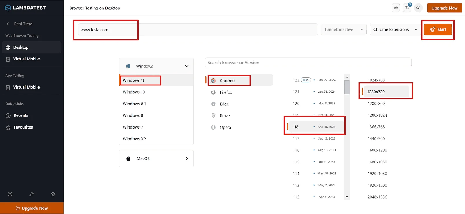 Screenshot showing navigation to Web Browser Testing option and selecting Desktop