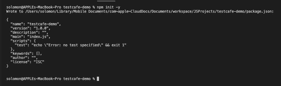 TestCafe Tutorial npm init -y