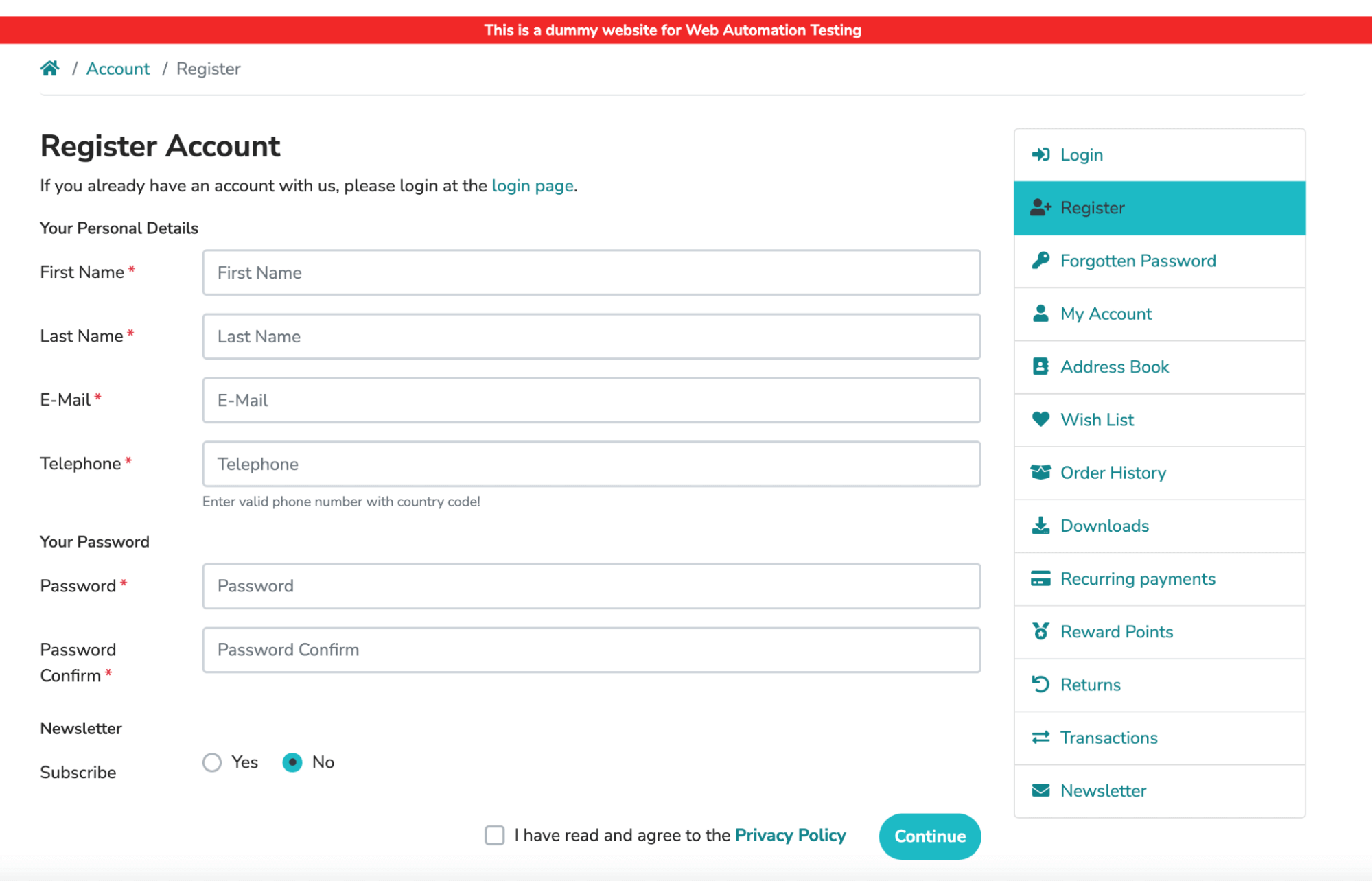 registration process of our eCommerce website