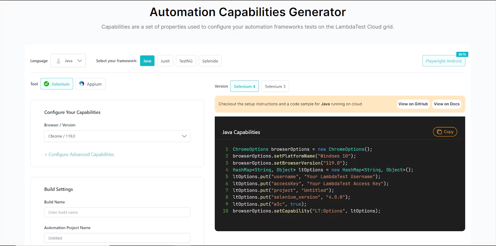  use LambdaTest Capabilities Generator