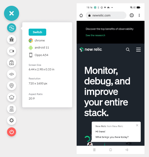 newrelic.com on the cloud-hosted real Android device