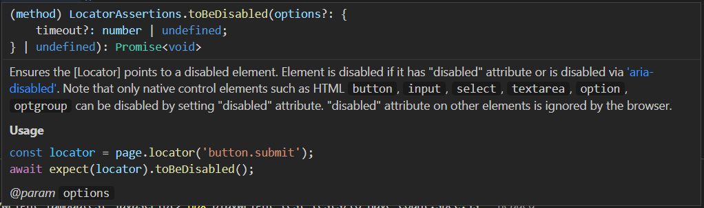 Parameters toBeDisabled