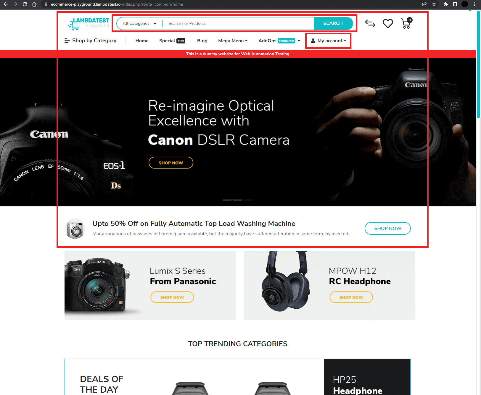 SearchPage and AccountPage in lambdatest ecommerce