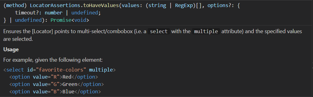 toHaveValues Parameters