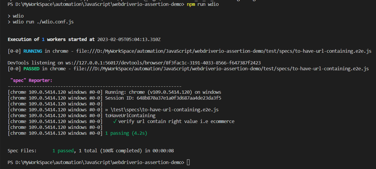 WebdriverIO Assertions toHaveUrlContaining Execution