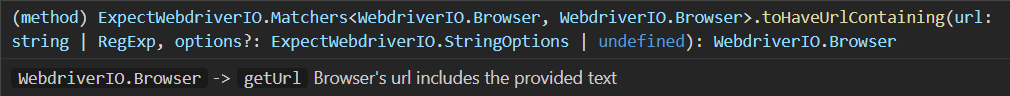 WebdriverIO Assertions toHaveUrlContaining Parameters