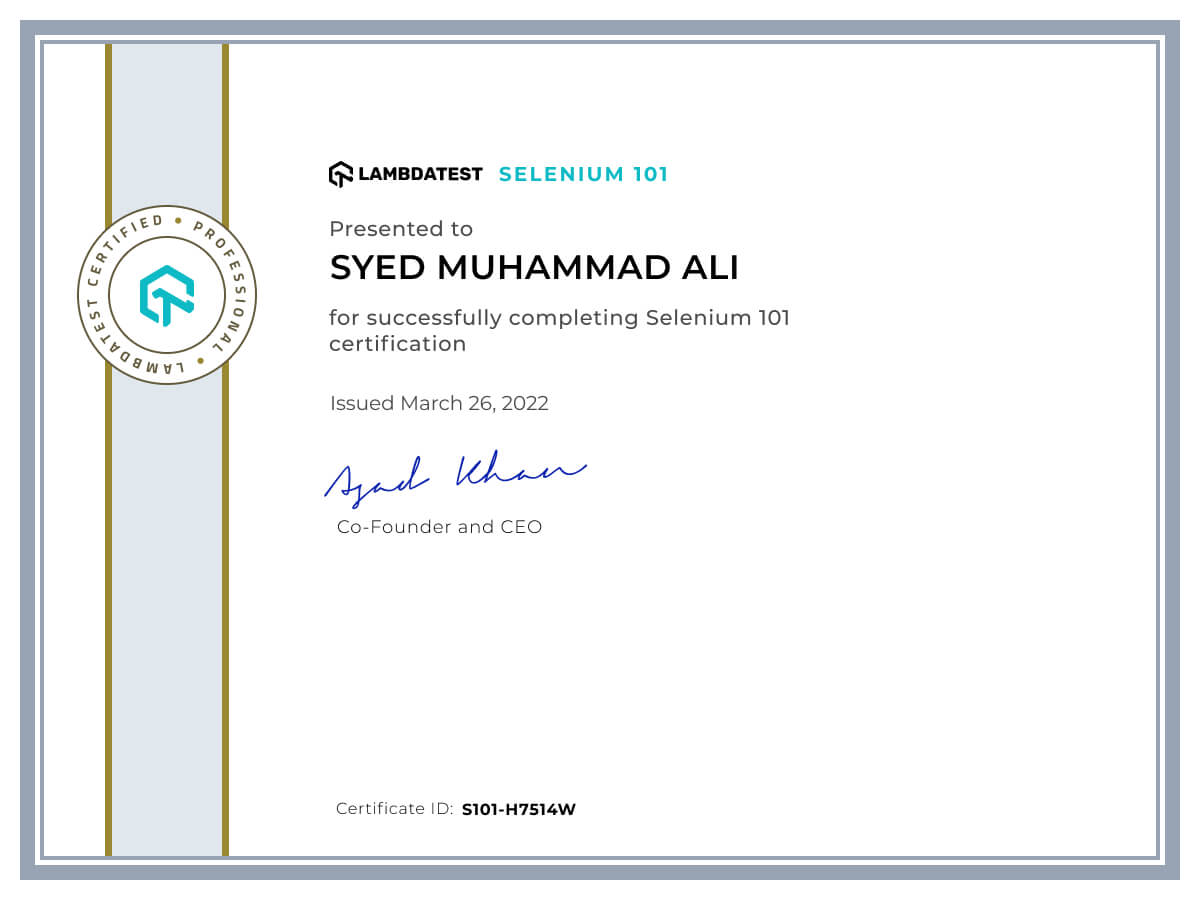 Syed Muhammad Ali's Automation Certificate: Selenium 101