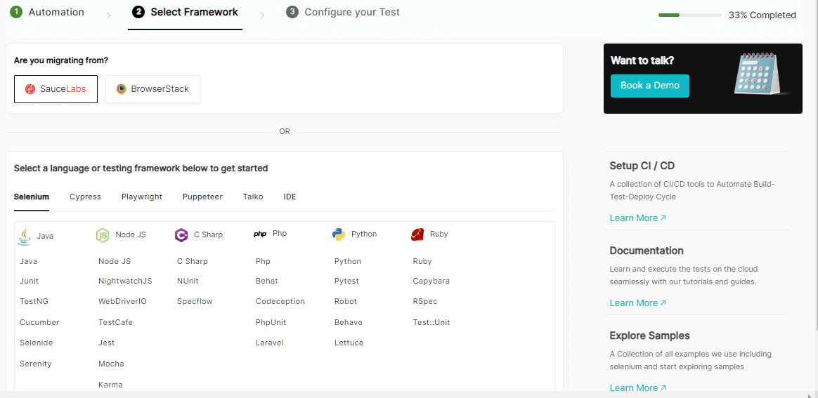 Configure Test Suite and select your preferred automation framework