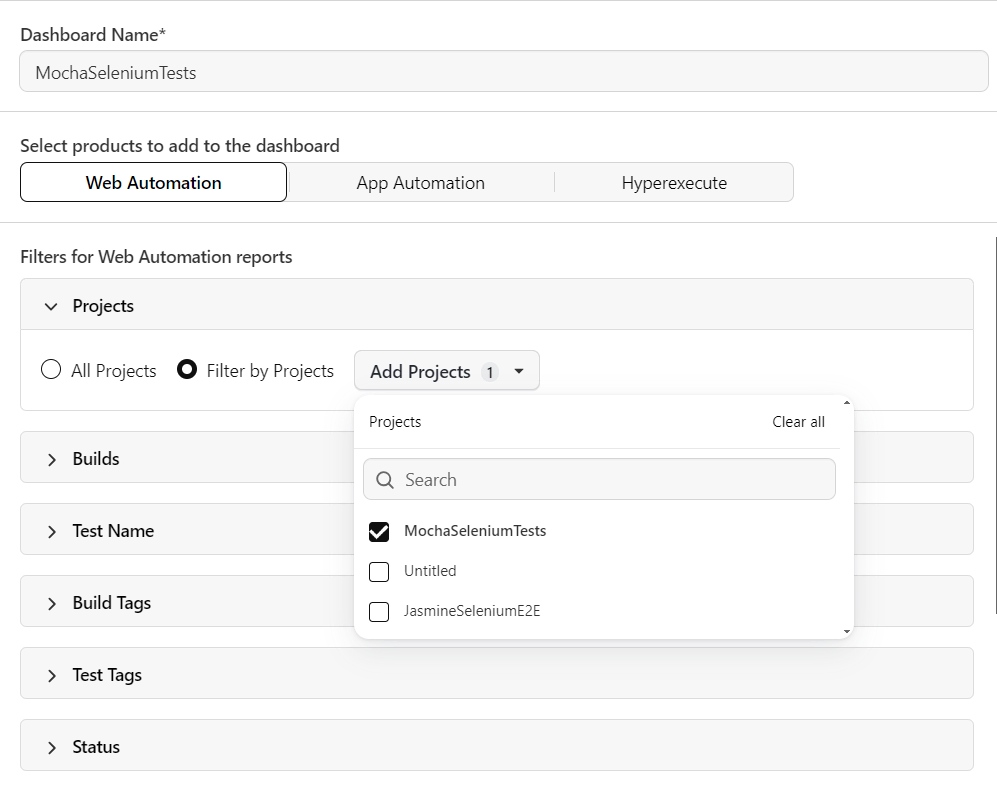 MochaSeleniumTests dashboard