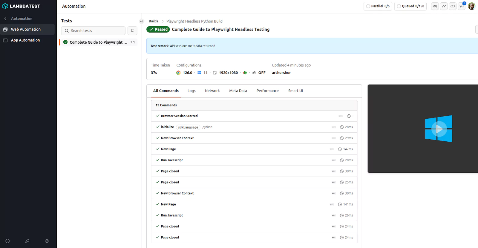 Here is the test execution result from the LambdaTest Web Automation Dashboard