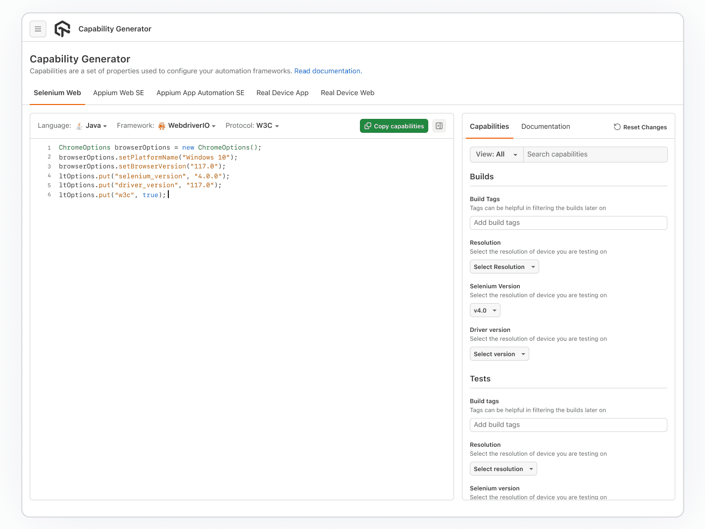 Selenium Java Desired Capabilities