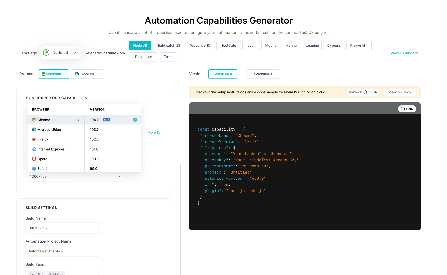 Selenium JavaScript Desired Capabilities