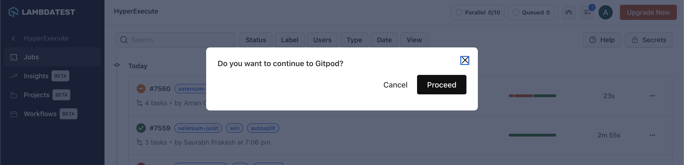 Gitpod popup