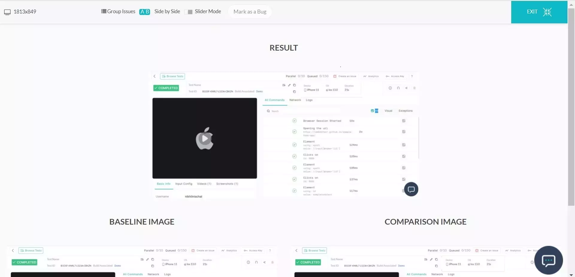 settings used in Image comparison