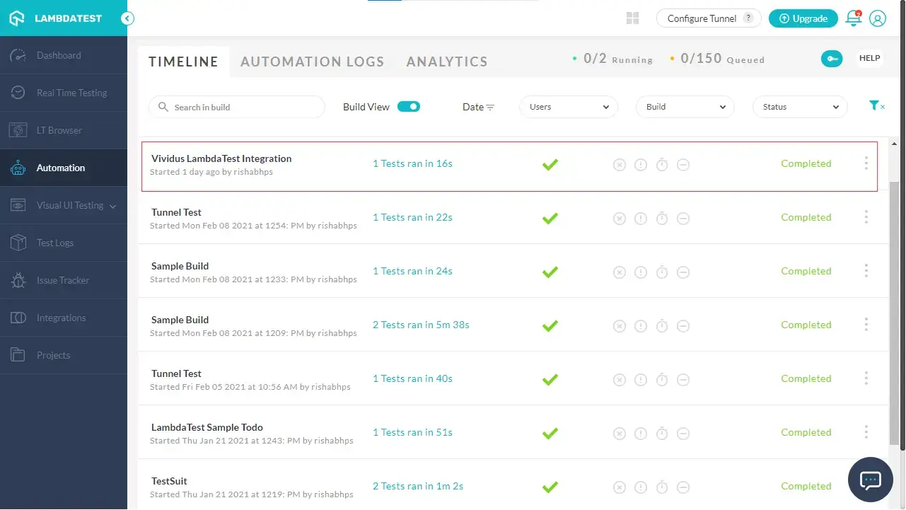 LambdaTest automation dashboard